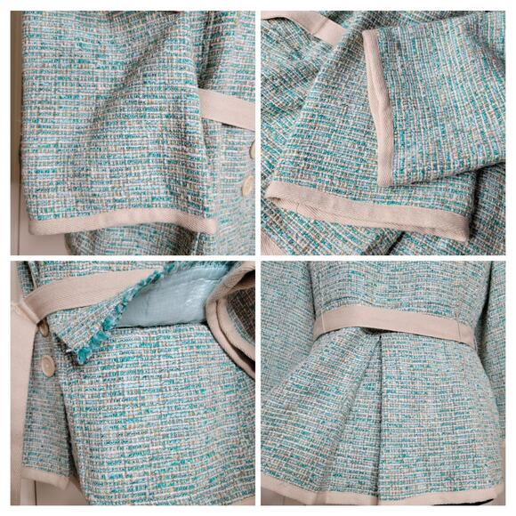 VTG Nanette Lepore Tweed 3/4 Sleeve Turquoise Fringe Jacket Blazer Belt Y2K✨️12 - Picture 9 of 16